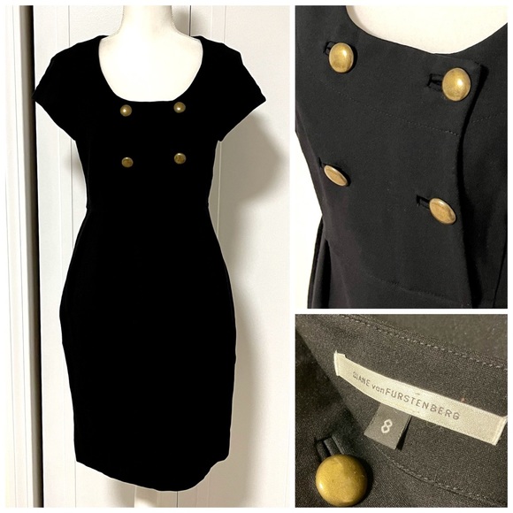 Diane Von Furstenberg Dresses & Skirts - DIANE VON FURSTENBERG Charo Dress Military Black Gold Buttons Short Sleeves 8